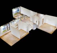 3D floor plan of a family house with large windows and wooden flooring.