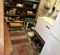 Pantry in a family house with supplies, shelves, and a carpet.