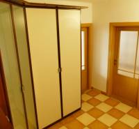 A hallway in a 3-room apartment with a large built-in wardrobe and doors with frosted glass.