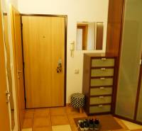 Entrance hall in a 3-room apartment with tiles and storage space, visible mirror.