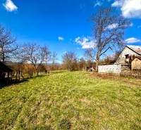 A garden with a wooden house in Moravské Lieskové, trees, blue sky, construction of houses.