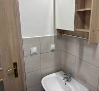 A bathroom in a 3-room apartment with a sink, mirror, and wooden door.