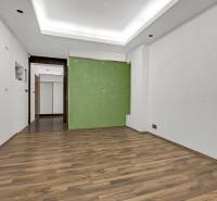 Interior with wooden flooring and a green wall in commercial premises.