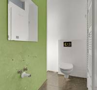 Green wall with a connection for a sink, white radiator, and wall-hung toilet in commercial premises.