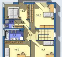 Floor plan of a family house with four rooms, a bathroom, and closets.