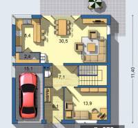 Floor plan of a family house with a garage, living room, and dining room.
