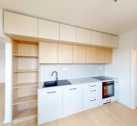 A kitchen in a 2-room apartment with white cabinets and a built-in oven.