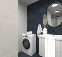 A bathroom in a 2-room apartment with a washing machine, sink, mirror, and decorative elements.
