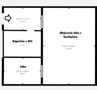 Floor plan of a 2-room apartment with a bathroom and a spacious living room with a kitchen.