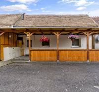 The exterior of a wooden shelter in Malé Leváre in front of a 2-room apartment with flower pots.