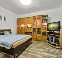 Bedroom with a double bed, wooden living room wall unit, and television in a two-room apartment.
