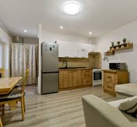 The kitchen and dining room in a 2-room apartment with wooden elements and furnishings.