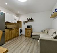 Open kitchen with wooden cabinets and a sofa in a 2-room apartment.