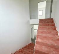 In the family house, there are concrete stairs and white walls leading to the upper floor.