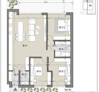 Floor plan of a four-room apartment with four rooms and a terrace in a family house.