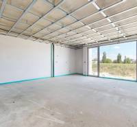Interior of an empty room in a family house with a view of the garden.