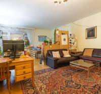 Living room in a 4-room apartment with a sofa, carpet, and desk.