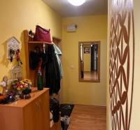 A hallway in a 3-room apartment with a wardrobe, a coat rack, and a mirror, the walls are yellow.