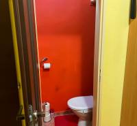 A bathroom with light orange walls and a red rug, 3-room apartment.