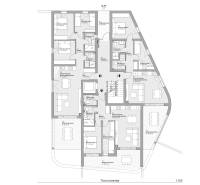 Floor plan of a 3-room apartment with room and terrace labels.