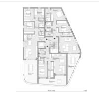 Floor plan of 3-bedroom apartments with terraces and rooms in a modern apartment complex.