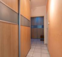 Hallway in a one-room apartment with a built-in wooden wardrobe and tiled floor.