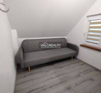 Studio apartment with a gray sofa, white walls, and a window with blinds.