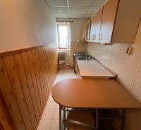 A kitchen in a 2-room apartment with a wooden wall and simple furnishings.