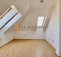 Attic space with wooden flooring and skylights in the building.