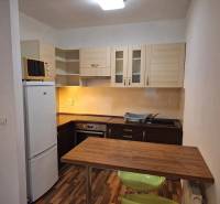 A kitchen with appliances, a wooden countertop, and a dining table in a 2-room apartment.