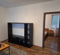 Wooden floor, black shelf, entrance to the bedroom in a 2-room apartment.