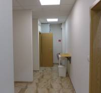 A narrow interior corridor with multiple doors, a chair, and a trash can. Warehouses and halls.