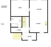 Floor plan of a family house with a bedroom, living room, kitchen, hallway, and bathroom.