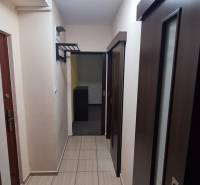 A hallway in a 2-room apartment with tiles and lighting, doors with glazing.
