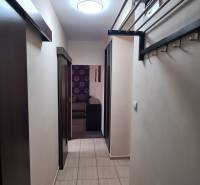 A narrow hallway in a 2-room apartment with ceramic tiles and a fold-out coat rack system.