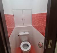 A bathroom with white tiles and a cabinet in a 2-room apartment with red tiles.