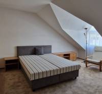 A bedroom with a bed and an armchair in a family house, light walls, sloped roof.
