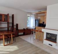 Living room in a family house with wooden furniture and a fireplace, dining table and chairs.