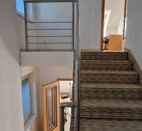 A staircase with carpet and railing in a family house, the rooms create a cozy atmosphere.