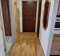 Entrance hall in a 3-room apartment with wooden paneling and flooring.