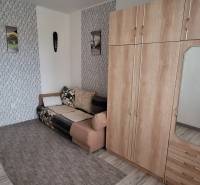 Living room in a 3-room apartment with a sofa, a wardrobe, and decorations on the wall.