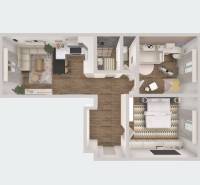 Floor plan of a 3-room apartment with a living room, kitchen, two bedrooms, and a bathroom.
