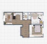 Floor plan of a 3-room apartment with spaces for sleeping, living, and household activities.