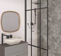 A bathroom in a 3-room apartment with a sink, mirror, and a shower enclosure with a black frame.