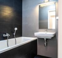Bathroom with shower and sink in a 2-room apartment.