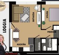 Floor plan of a 2-room apartment with a loggia, kitchen, living room, and bedroom.