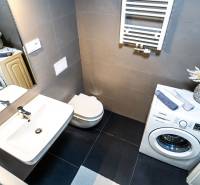 Bathroom with a sink and a washing machine in a 2-room apartment, with gray tiles and decoration.