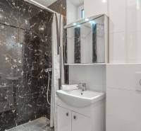 A bathroom in a 2-room apartment with dark marble tiles and a shower corner.