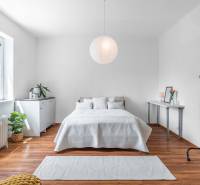 A bright bedroom with a bed, window, and houseplants in a two-room apartment.