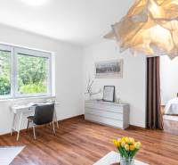 Bright living room with wooden flooring, a desk by the window, and a bed behind a curtain.